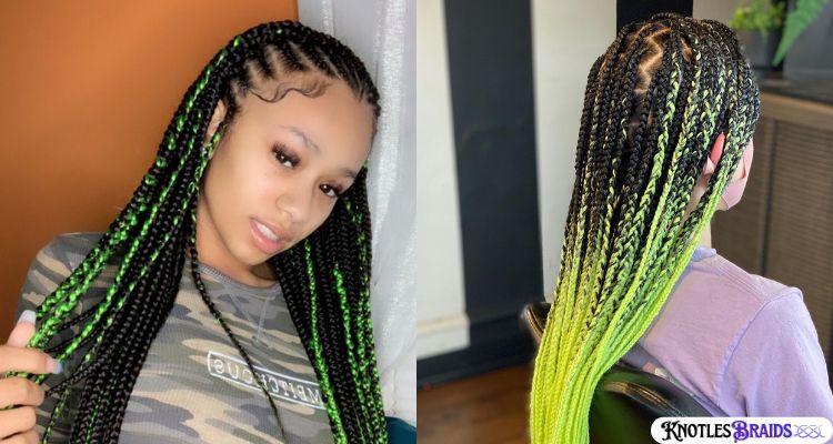 Black and Neon Green Knotless Braids