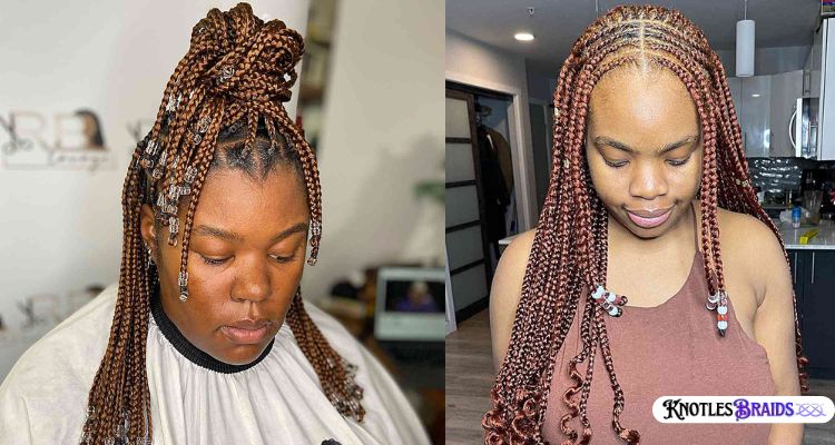 Mixed Brown Shades Short Knotless Braids with Beads